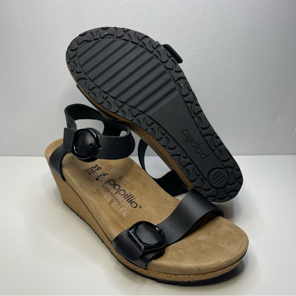 Birkenstock Papillio Soley Platform Wedge Leather Sandals Black Womens Size 9